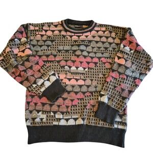 Vtg Colore Italia Abstract Geometric Knit Sweater Pink Brown Grey Black Mens XL
